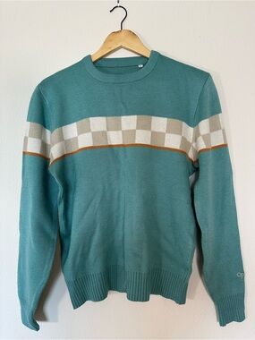 90s OP Teal Crewneck Sweater with Checker Stripe